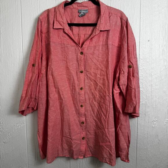 Catherines Button Front Half Sleeve Linen Blend Shirt Coral Pink Size 3X 26/28 - Picture 1 of 7